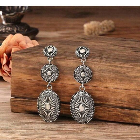 Vintage Bohemian Tripple Western Geometric Patchwork Alloy Earrings - Picture 4 of 8